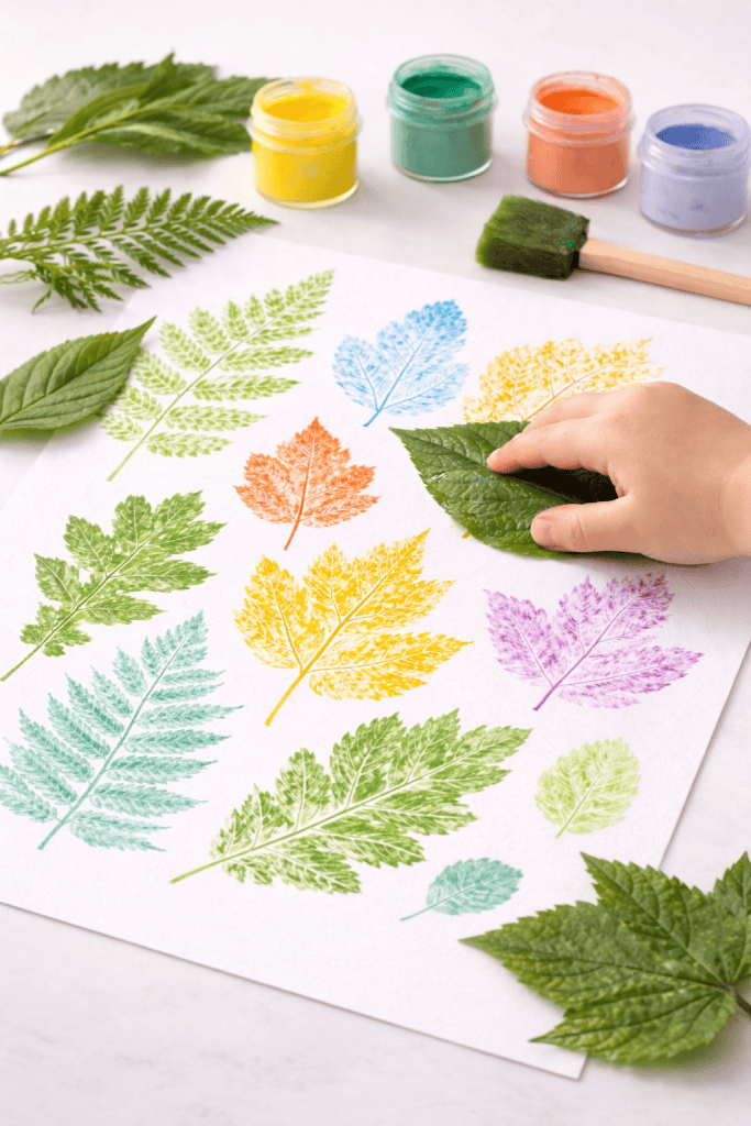 a toddler leaf print art activity in progress.