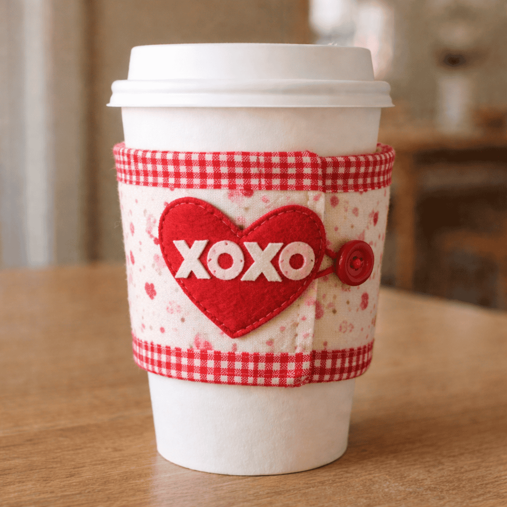 a handmade Valentine coffee cozy wrapped around a simple takeaway coffee cup (white paper cup with lid) or a neutral reusable tumbler.