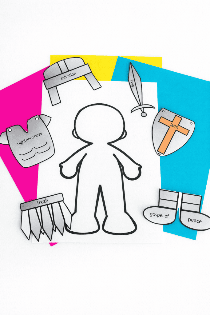 a children's Bible craft project based on the "Armor of God" theme from Ephesians 6:10-18