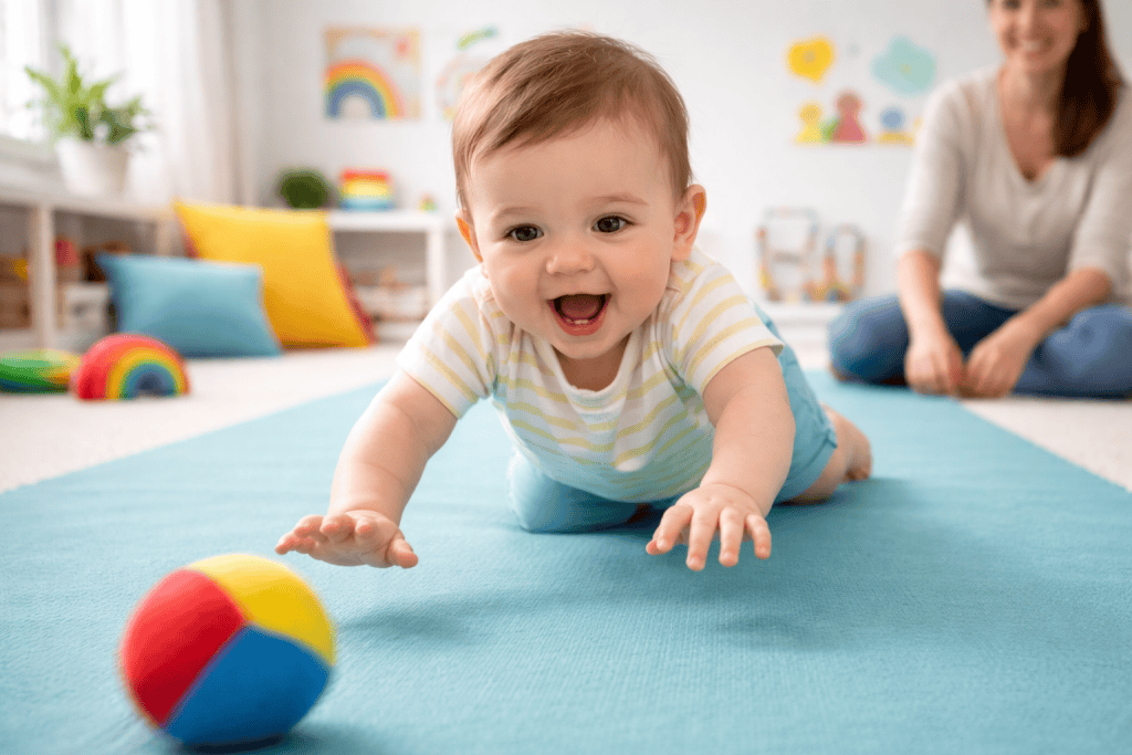 Baby crawling towards colorful ball