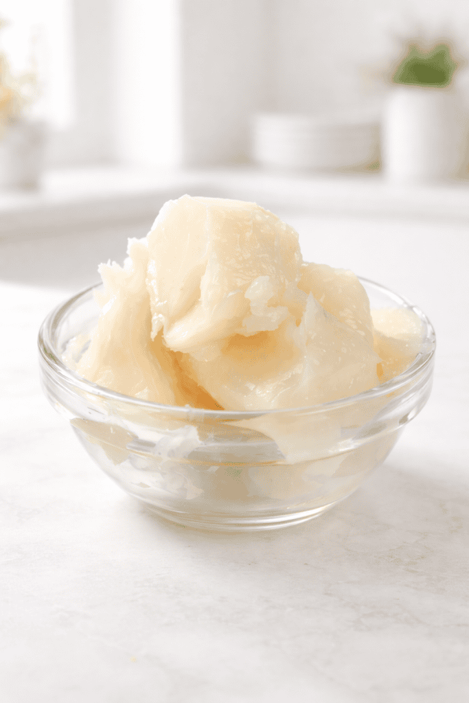 a clear glass bowl filled with natural, creamy-white rendered beef tallow.