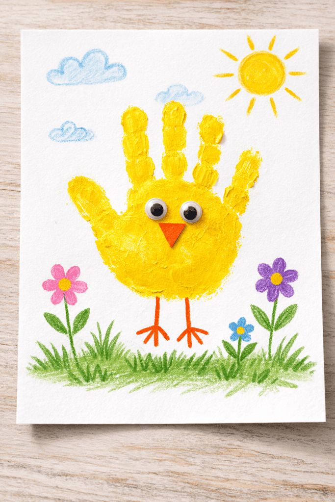 a finished toddler handprint Easter chick craft displayed on a clean sheet of white construction paper