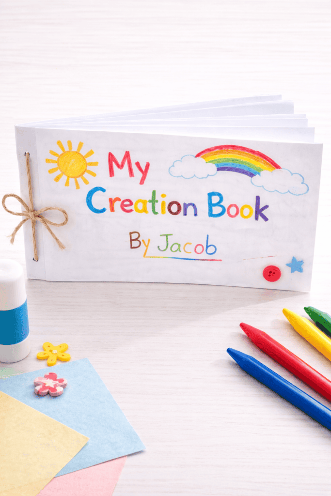 a booklet made from folded white paper, stapled along the center or tied with simple yarn binding.