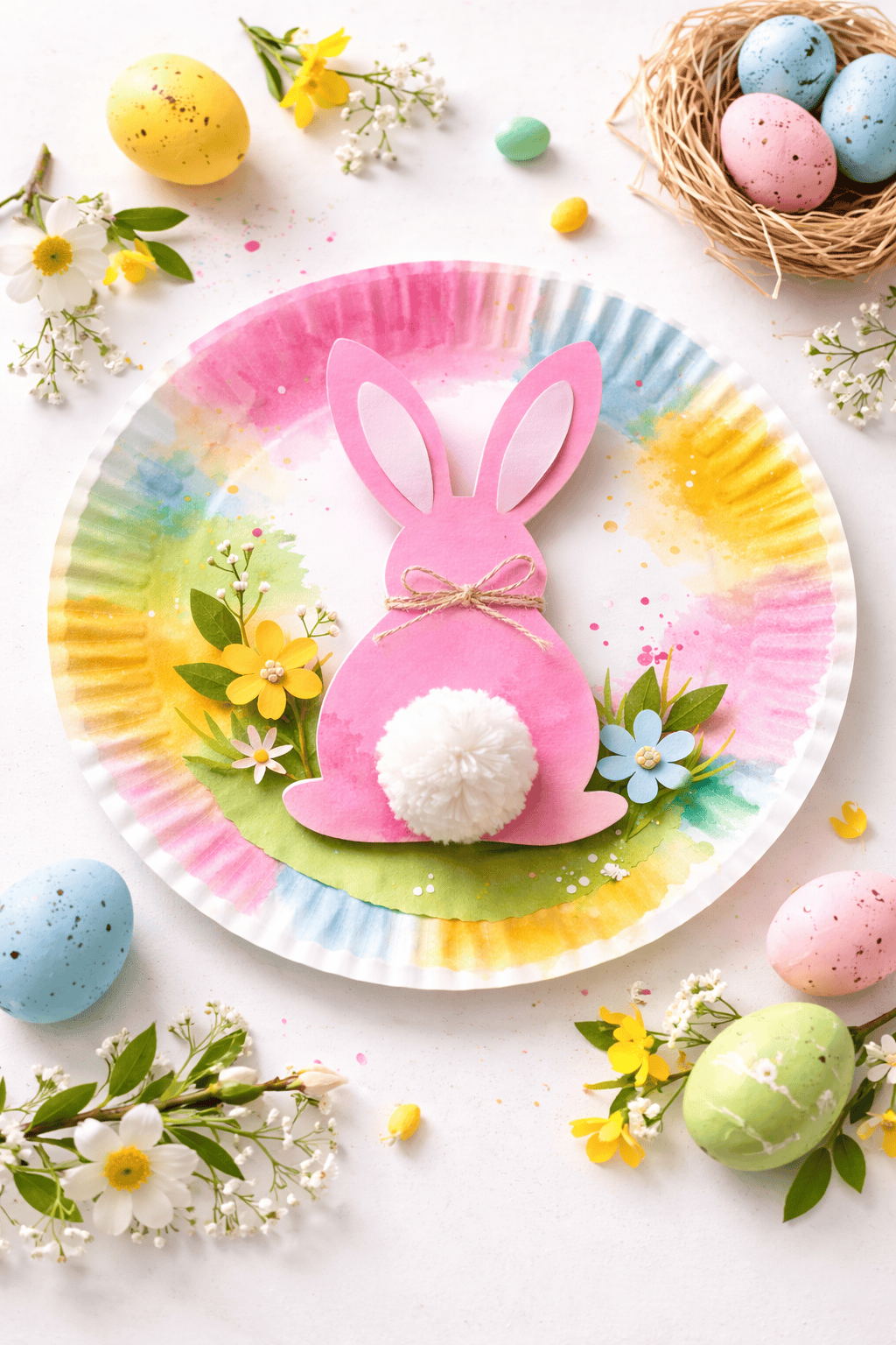 Easter bunny craft on painted plate