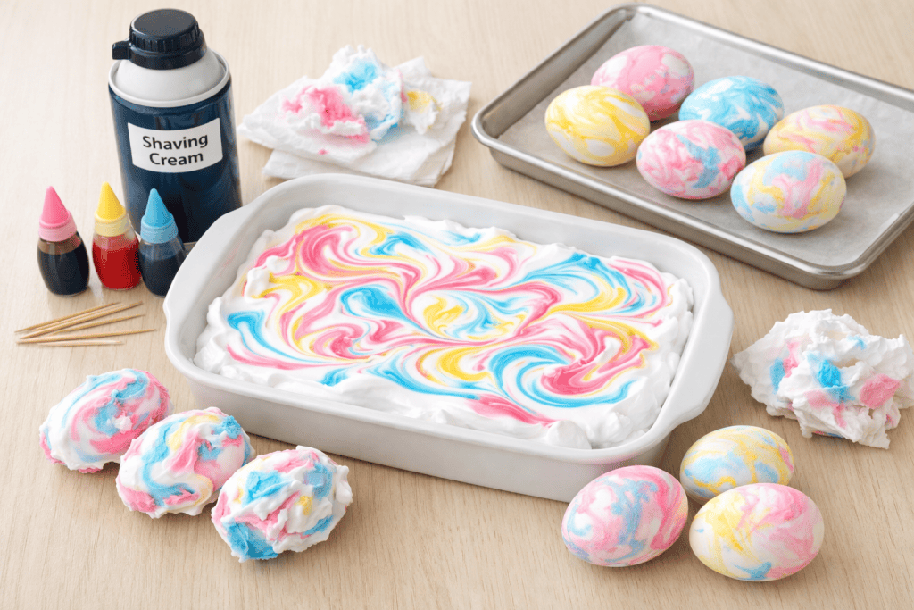 A craft table scene featuring the shaving cream marbled eggs process.