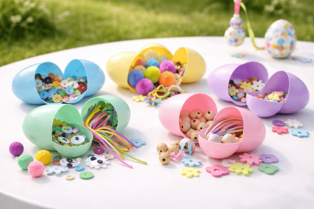 Colorful Easter eggs with craft supplies