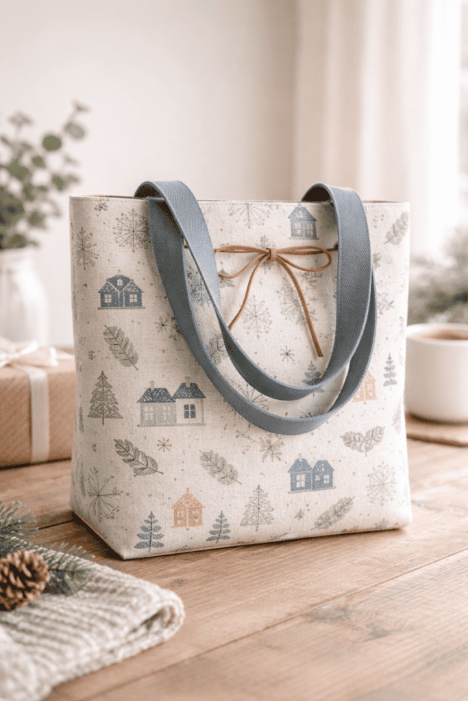 a handmade reusable fabric tote bag displayed on a natural wooden table.