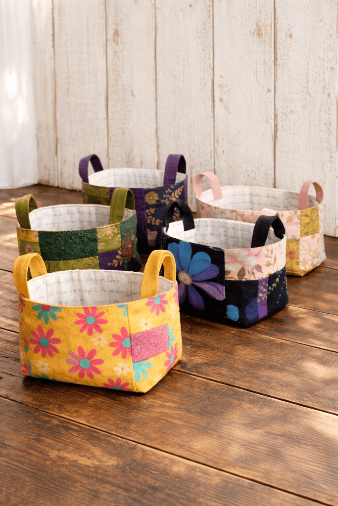 handmade fabric storage baskets or bins, made from colorful scrap fabrics