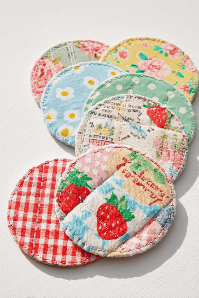 handmade round fabric coasters made from colorful scrap fabric patches. 