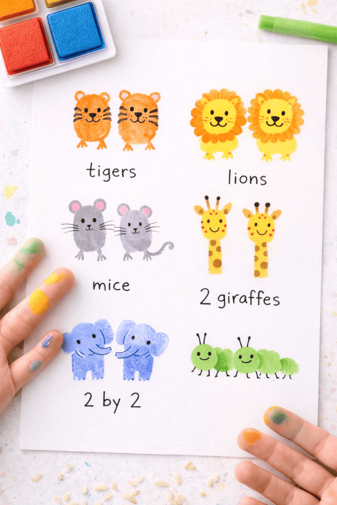 a charming children's craft featuring fingerprint animal pairs art inspired by the story of Noah’s Ark.