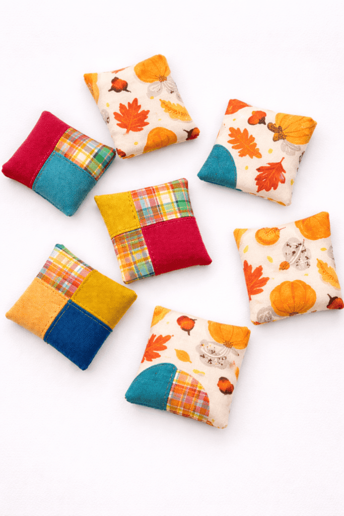 small handmade fabric bean bags or sensory toss bags made from scrap fabrics.