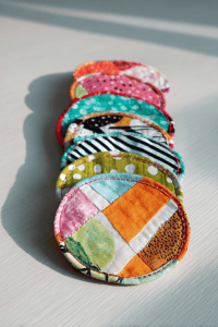 a stack of handmade, reusable fabric facial rounds or makeup remover pads.