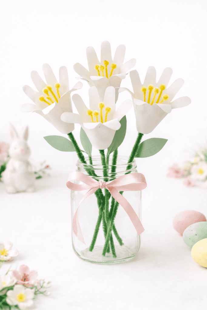 a handcrafted Easter bouquet of paper lilies made from children’s handprints