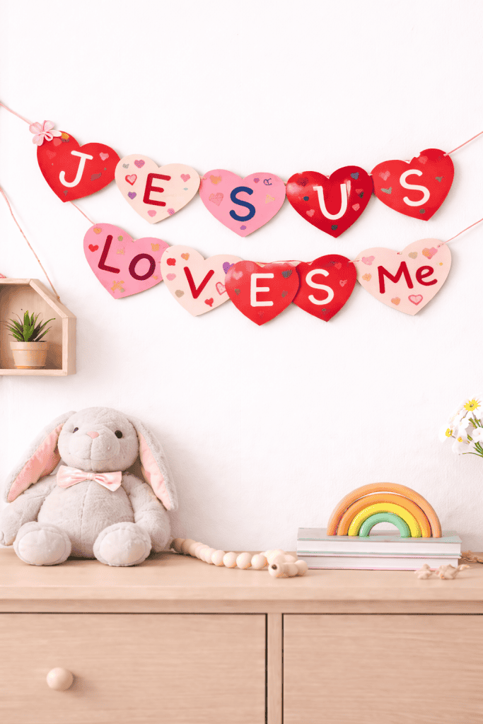 a heartwarming, handcrafted Valentine's-style banner with the message “Jesus Loves Me