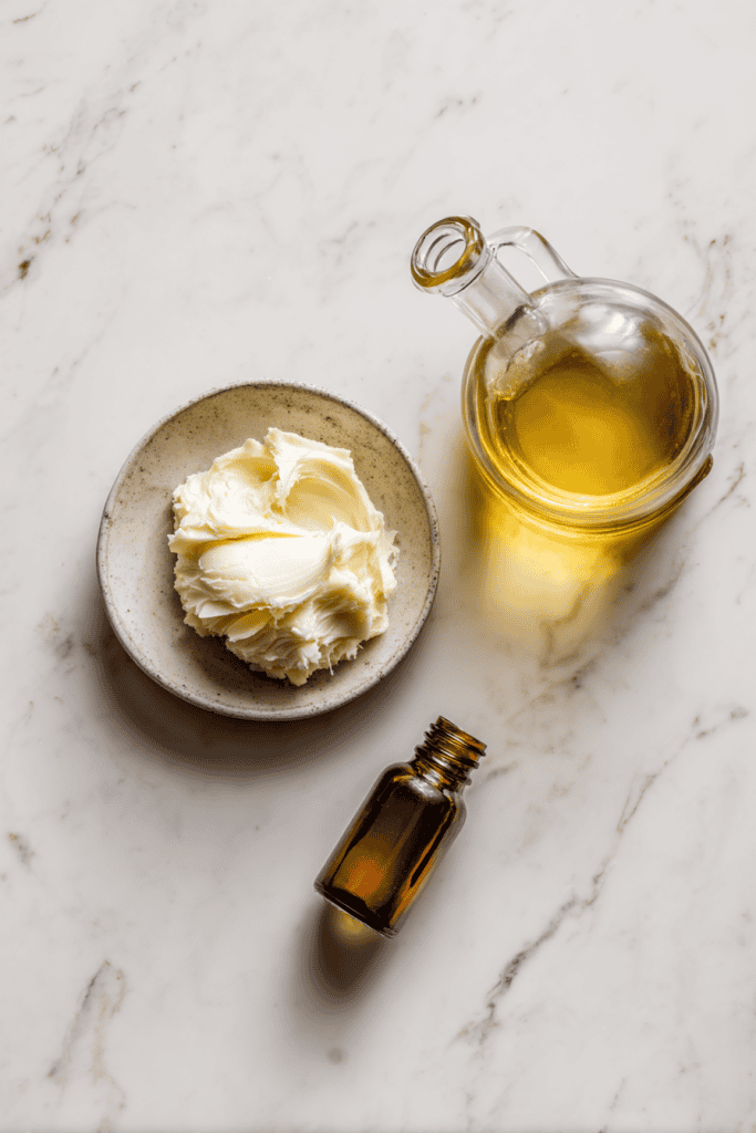  three natural skincare ingredients arranged neatly on a white marble surface