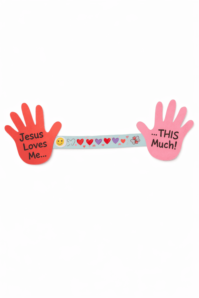 two colorful foam hand cutouts connected by a horizontal paper strip.