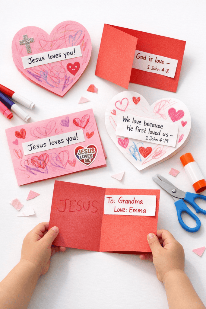 handmade toddler Valentine’s cards titled “Jesus Loves You” Bible Verse Valentines.