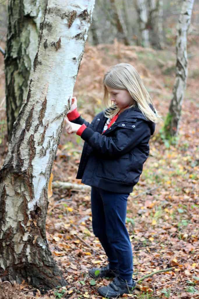 a young girl exploring nature in a forest.