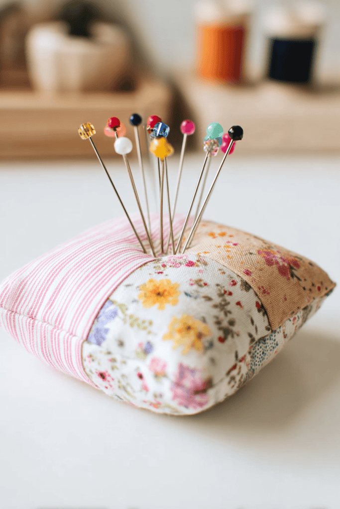 a small handmade pincushion resting on a clean white surface