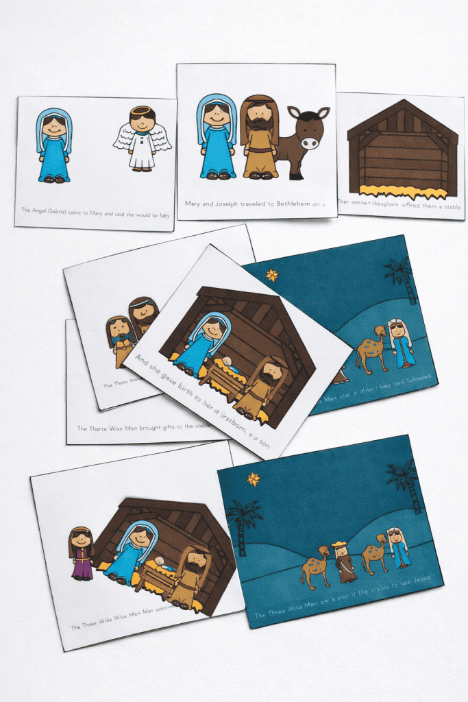 a children’s Nativity story sequencing activity, featuring a set of educational cards that illustrate key moments from the birth of Jesus.