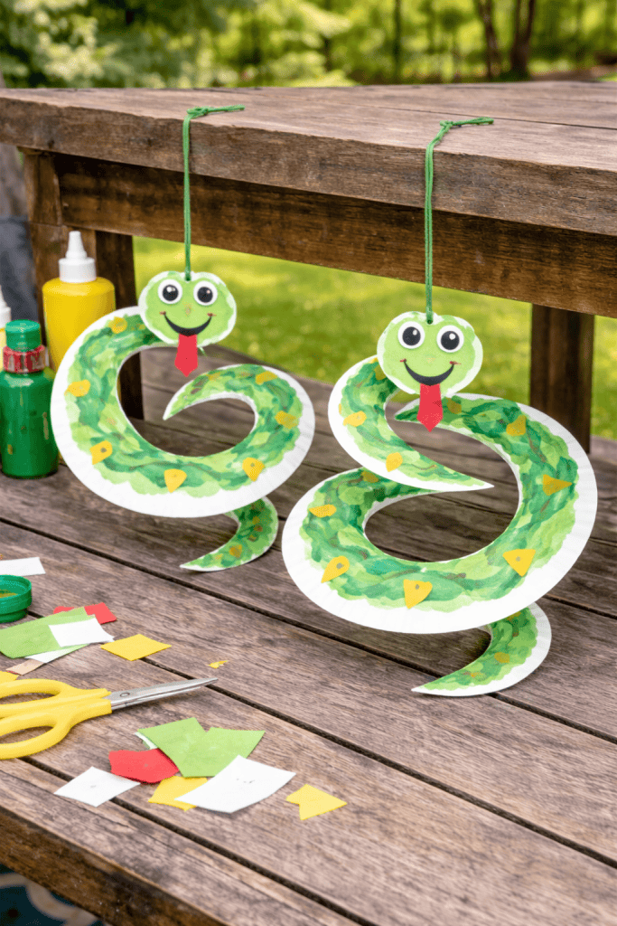 a children's Bible-themed craft project: two handmade paper plate serpent mobiles, designed to resemble playful snakes.