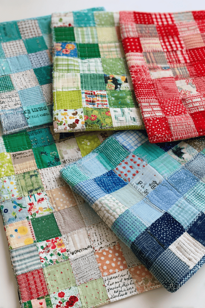 handmade patchwork placemats made from colorful scrap fabrics
