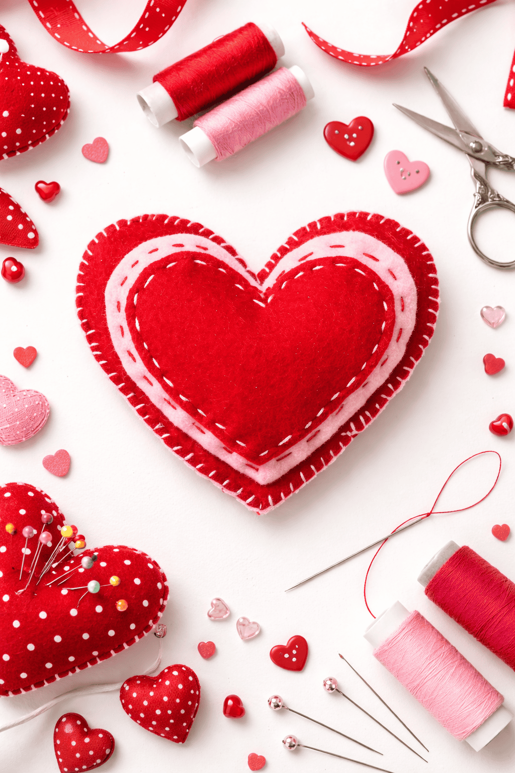 a handmade red felt heart surrounded by sewing materials