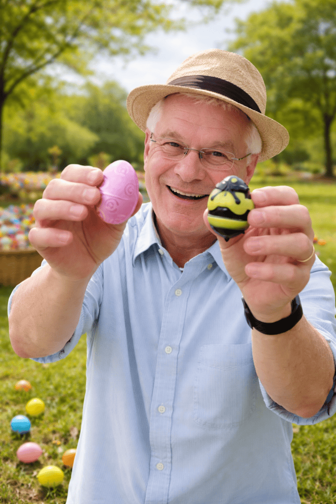 a smiling older man holding two decorated Easter eggs toward the camera in a sunlit park setting