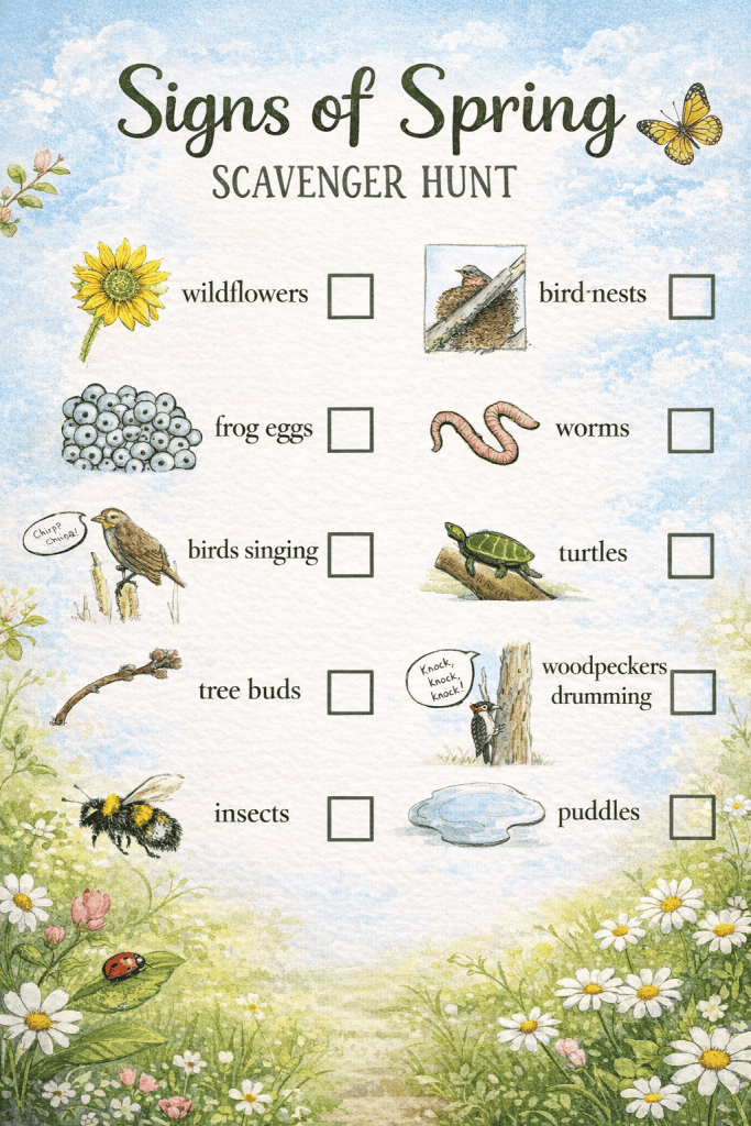 a "Signs of Spring Scavenger Hunt" activity sheet for children.