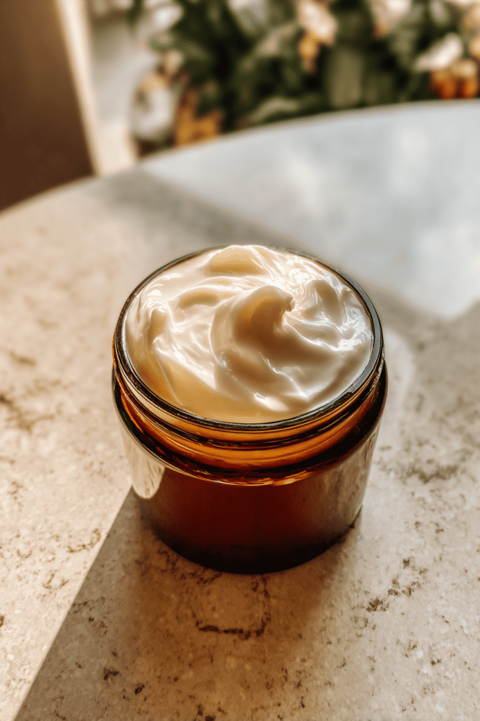 a rich, whipped tallow lotion in a small amber glass jar, placed on a light-colored marble or stone countertop