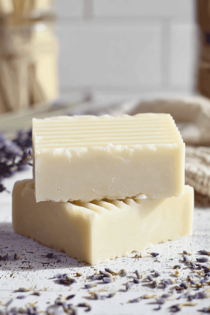 two handmade tallow soap bars stacked on top of each other.