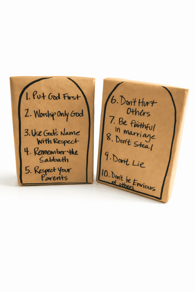 a handcrafted representation of the Ten Commandments designed for a children's religious education setting.