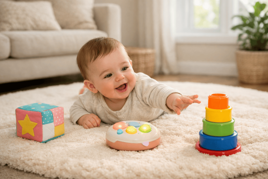 Curious baby reaching for stacking cups