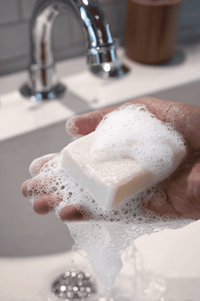 a hand holding a lathered, creamy white handmade soap bar under running water in a sink setting