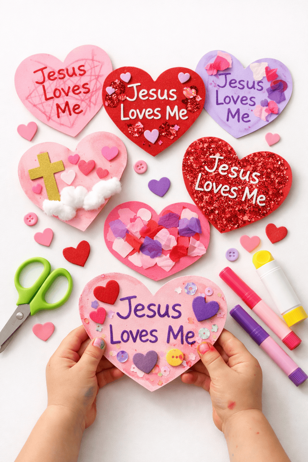 a toddler-friendly Valentine’s Day craft display titled “Jesus Loves Me.”
