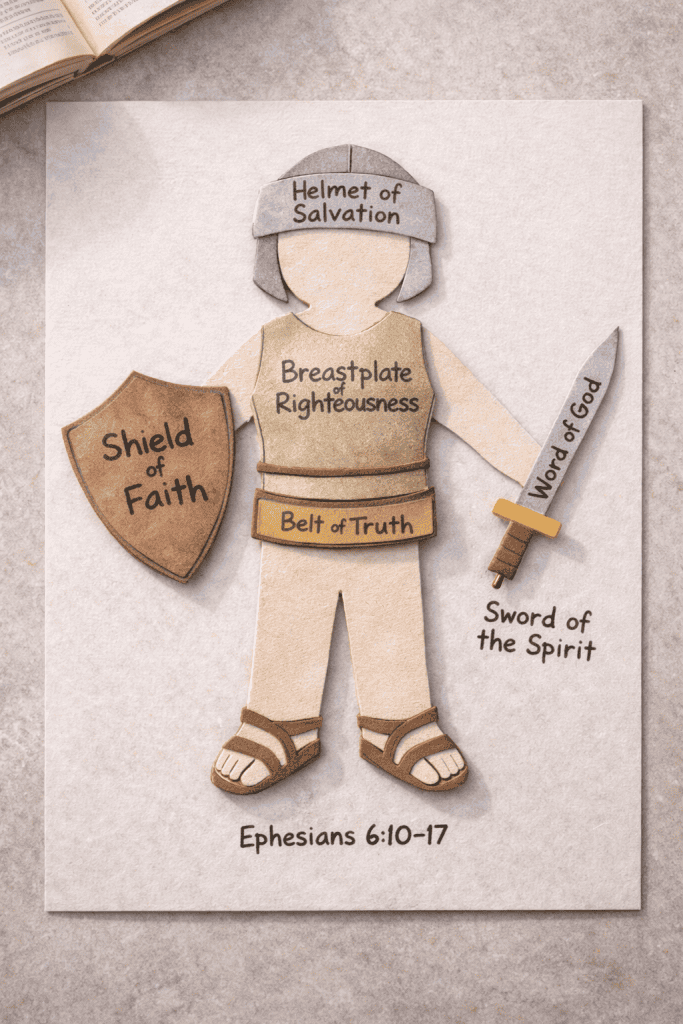 a finished “Armor of God” paper doll craft displayed on a clean, neutral tabletop