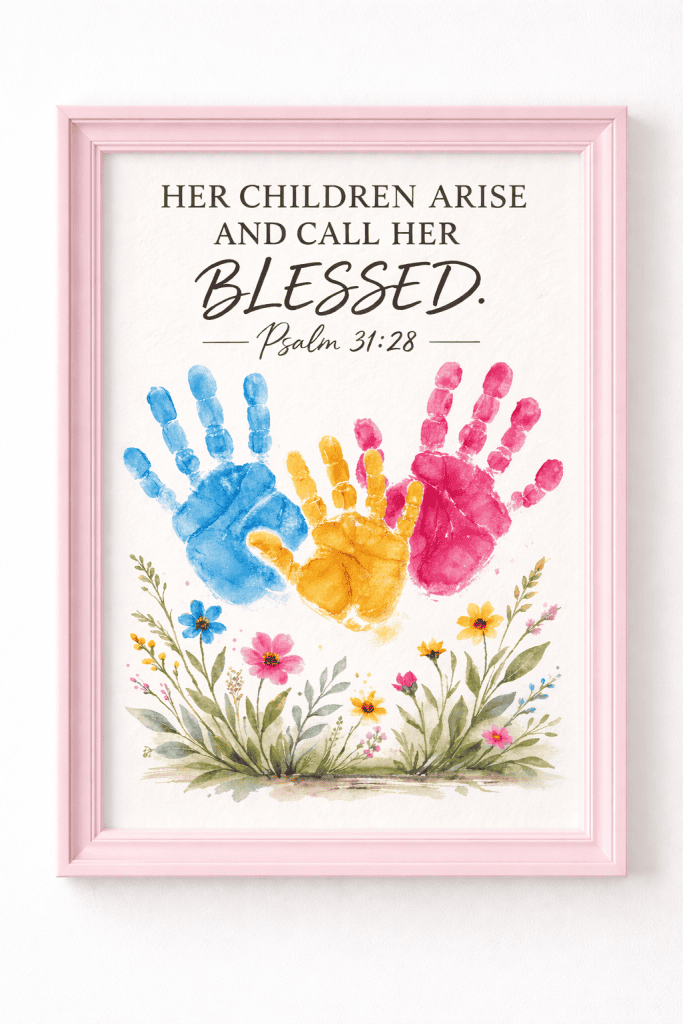 a framed inspirational wall art print featuring colorful children’s handprints and a Bible verse.