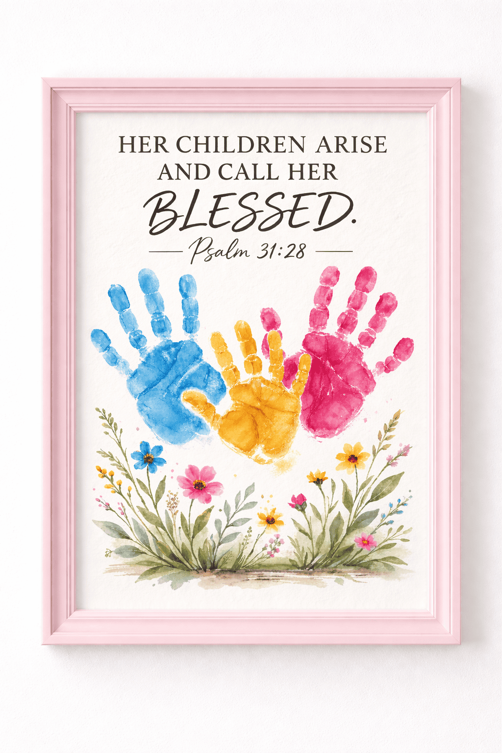 a framed inspirational wall art print featuring colorful children’s handprints and a Bible verse.
