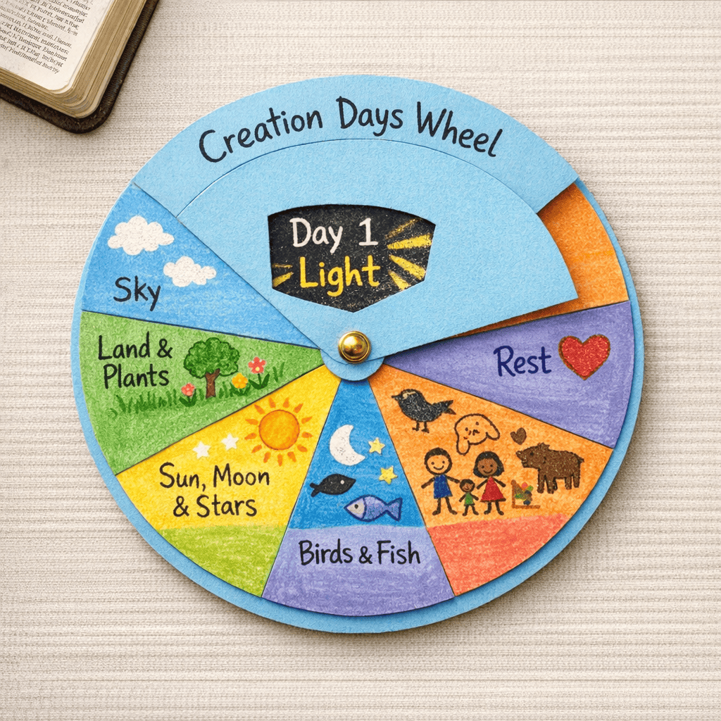 a finished “Creation Days Wheel” children’s Bible craft displayed on a clean, neutral tabletop