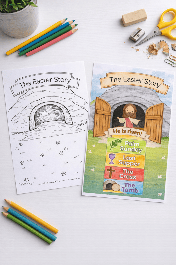 Freshly printed Easter activity sheets placed on a white table