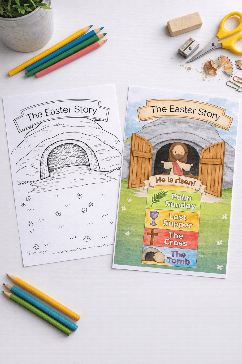 Freshly printed Easter activity sheets placed on a white table