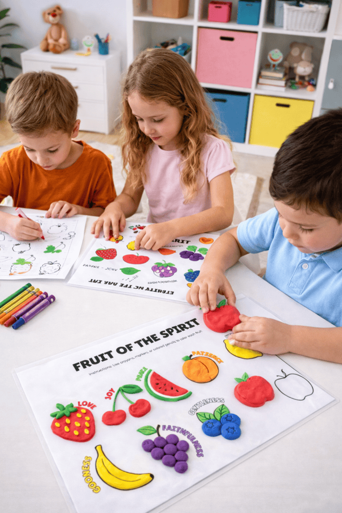 three young children sitting at a white table engaging in a hands-on “FRUIT OF THE SPIRIT” craft activity.