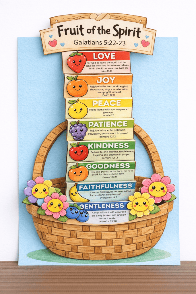 Finished handmade “Fruit of the Spirit” basket craft displayed on light blue construction paper, featuring a visibly accordion-folded strip of colorful fruit panels (Love, Joy, Peace, Patience, Kindness, Goodness, Faithfulness, Gentleness, Self-Control) glued inside a cutout paper basket