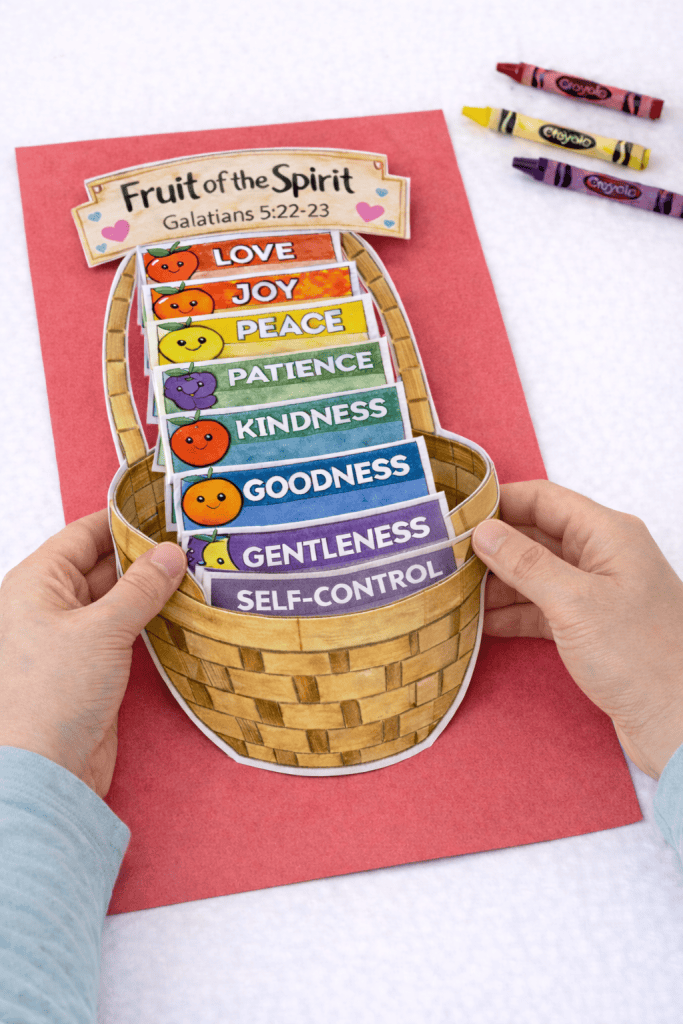 hands pasting a “Fruit of the Spirit” basket paper craft onto red construction paper