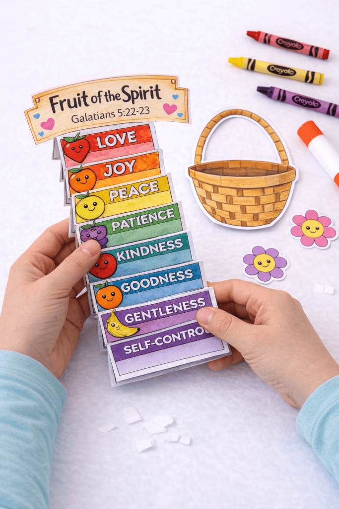 Child folding the Fruit of the Spirit printable strip accordion-style in a zigzag pattern