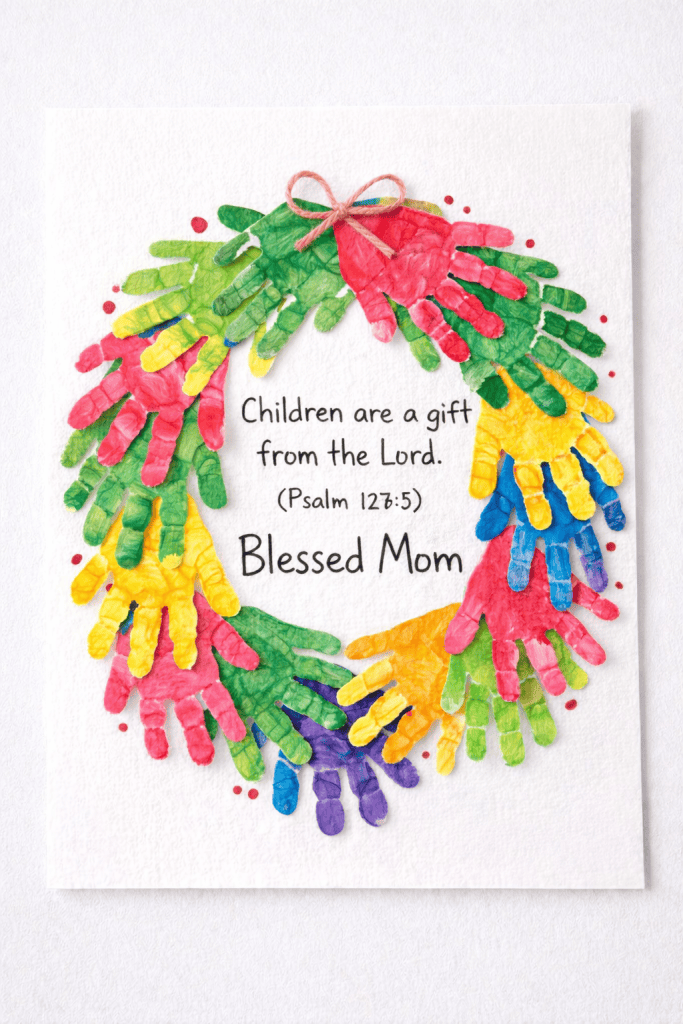 a colorful children’s handprint wreath craft made from cut-out painted handprints.