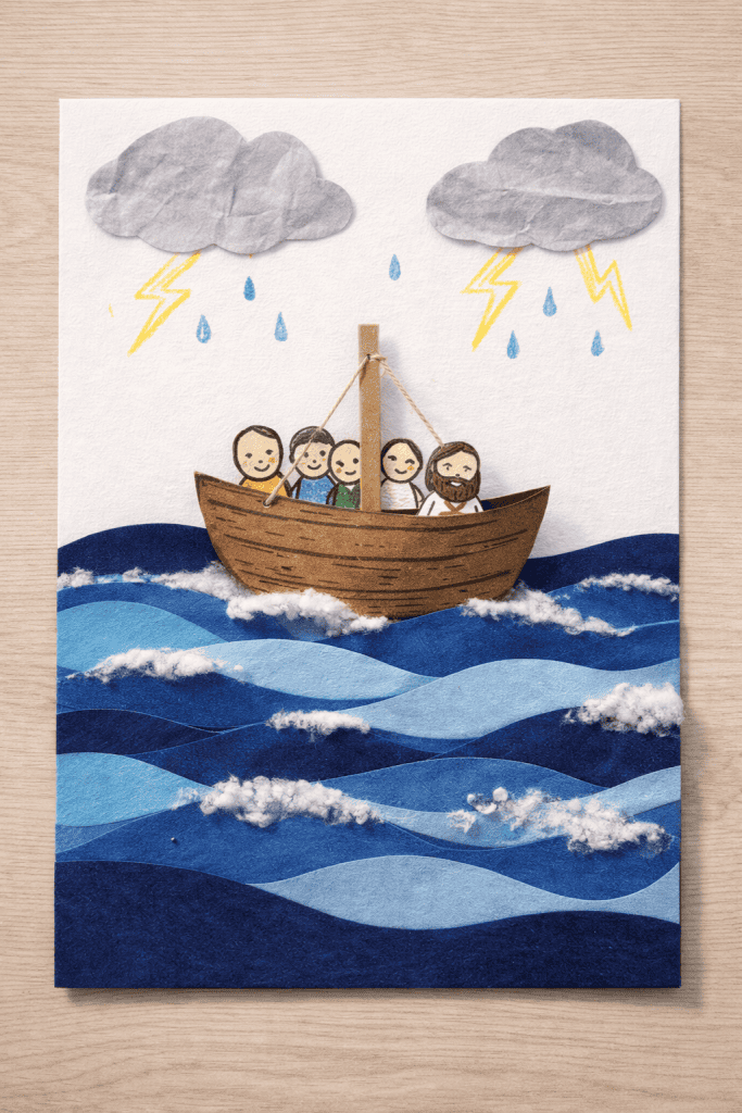 a finished “Jesus Calms the Storm” children’s Bible craft displayed on a clean tabletop.