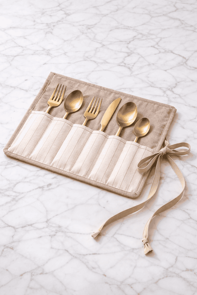 Linen cutlery roll with gold utensils