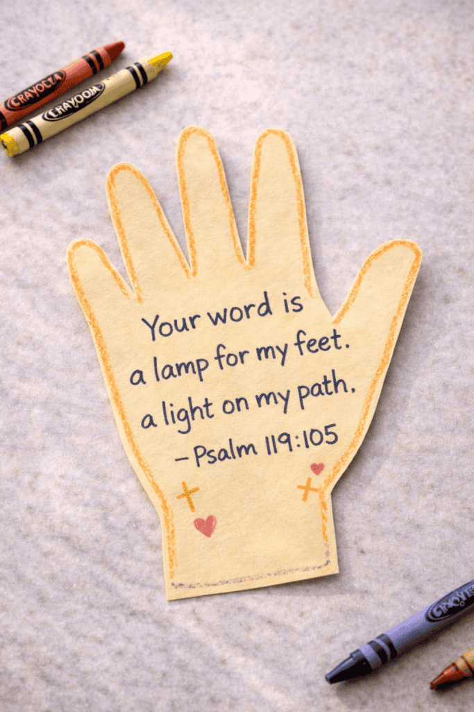 a finished “Memory Verse Hand Craft” displayed on a neutral tabletop.