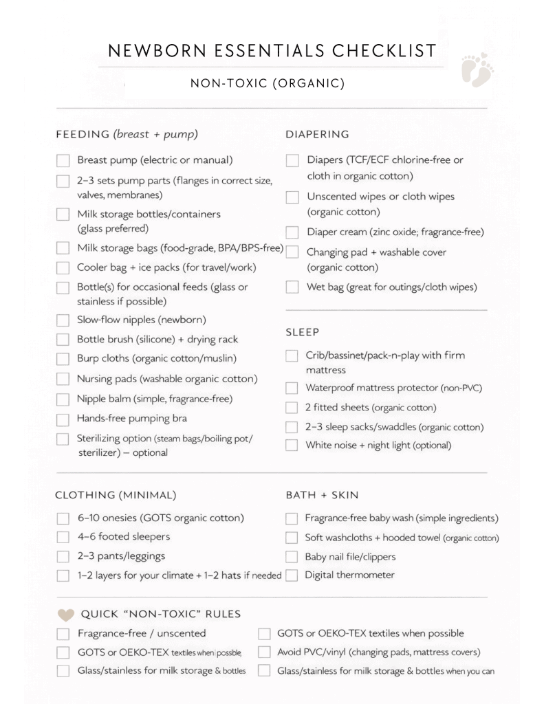 Printable non-toxic and organic newborn essentials checklist